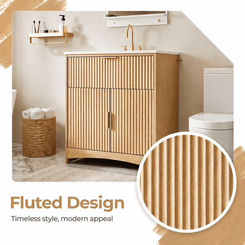 30 Inch Bathroom Vanity with Ceramic Sink, Freestanding Bathroom Sink Cabinet with Fluted Doors, 2 Doors and 1 Drawer, Adjustable Shelf, Modern Bathroom Storage Combo, Natural Oak