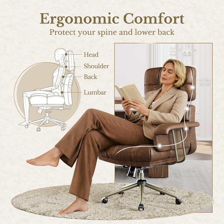 BESTERGO Ergonomic Executive Office Chair with PU Leather Upholstery, Adjustable Lumbar Support, Thick Cushion, 300 lbs Capacity, Mid Century Modern Desk Chair for Home Office, Brown