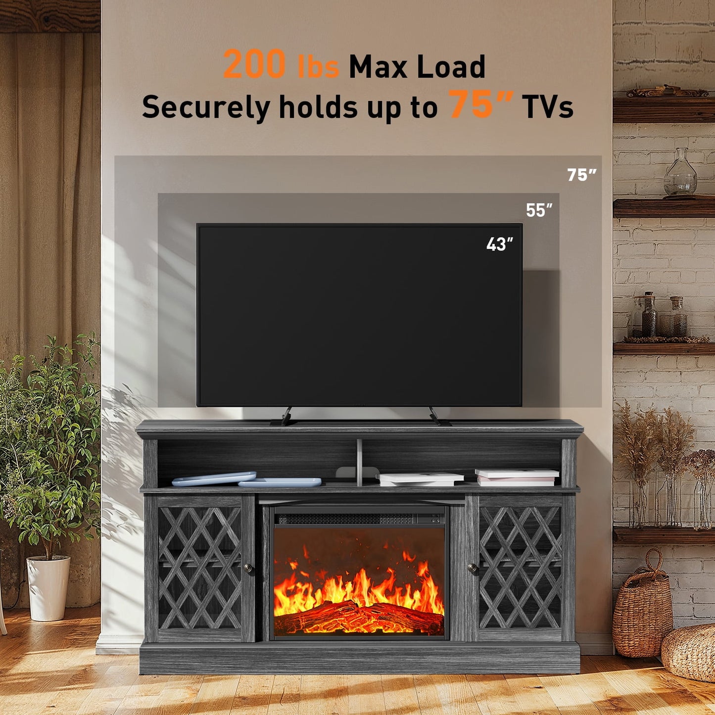Farmhouse Fireplace TV Stand for 75 inch with LED Light, Adjustable Storage Shelves, Glass Doors, Media Entertainment Center with Fireplace for Living Room, Bedroom, Gray