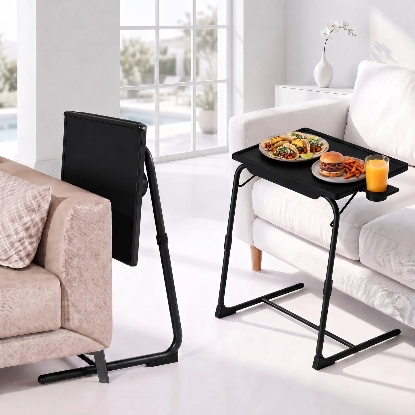 TV Tray Table with Cup Holders, Portable C-Shaped Side Dinner Tray Table, Adjustable 6 Heights & 3 Tilt Angle for Living Room, Bedroom, Black