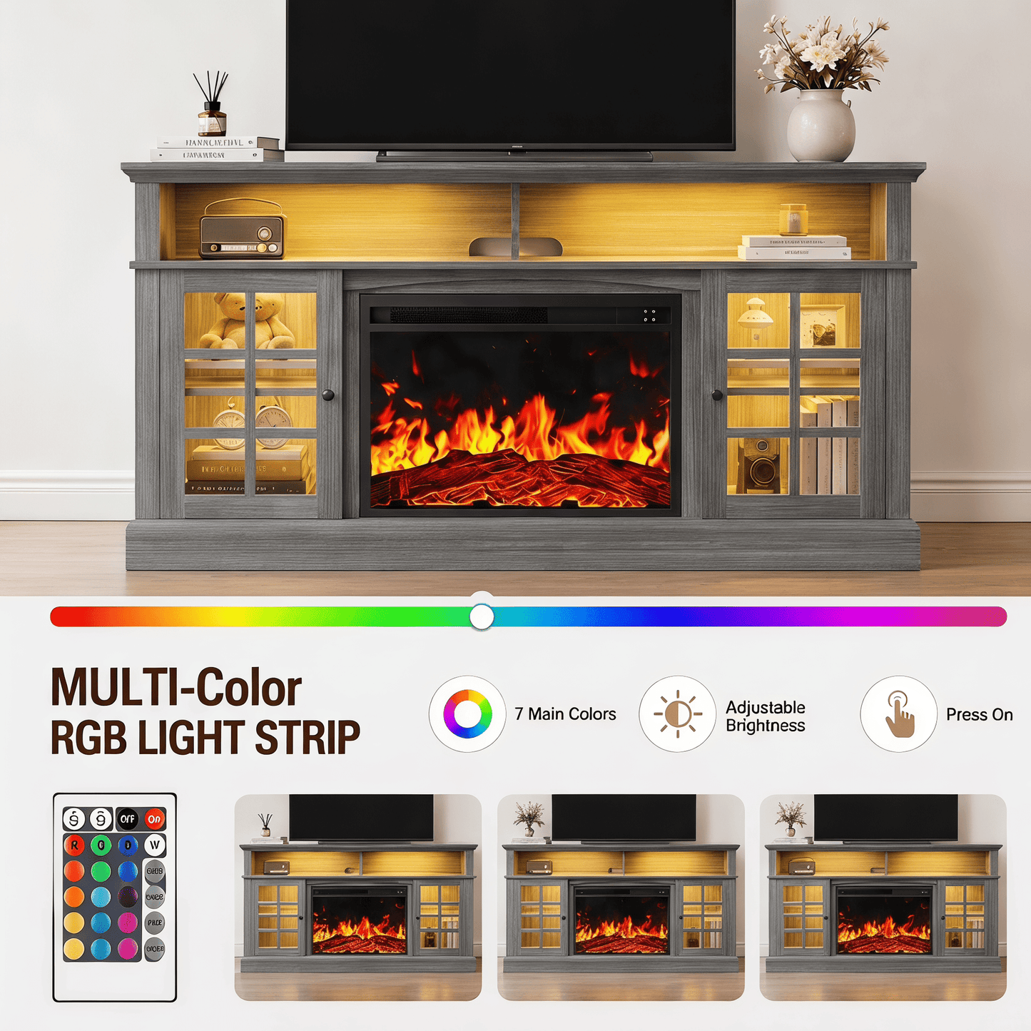 CHITOOMA Fireplace TV Stand with LED Light for up to 70 inch TV, Gray
