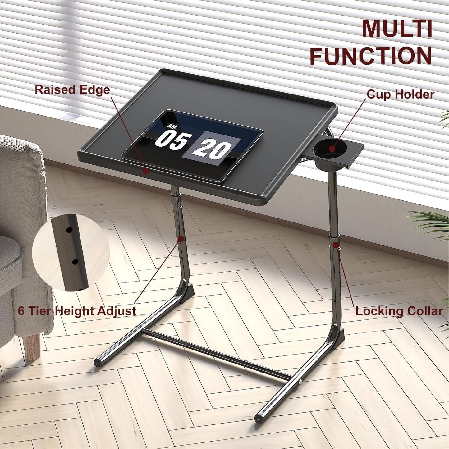 CHITOOMA TV Tray Table with 3" Cup Holder, Adjustable TV Dinner Tray for Eating, 6 Heights & 3 Tilt Angles, Up to Hold 50 lbs, Black