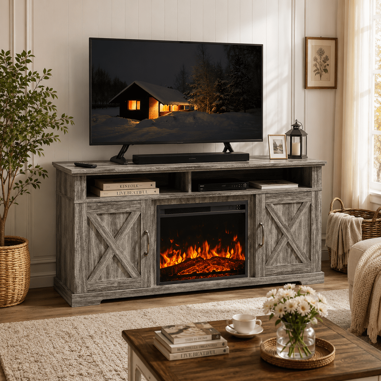 Electric Fireplace TV Stand for TVs up to 75", Farmhouse Entertainment Center with Fireplace, Grey