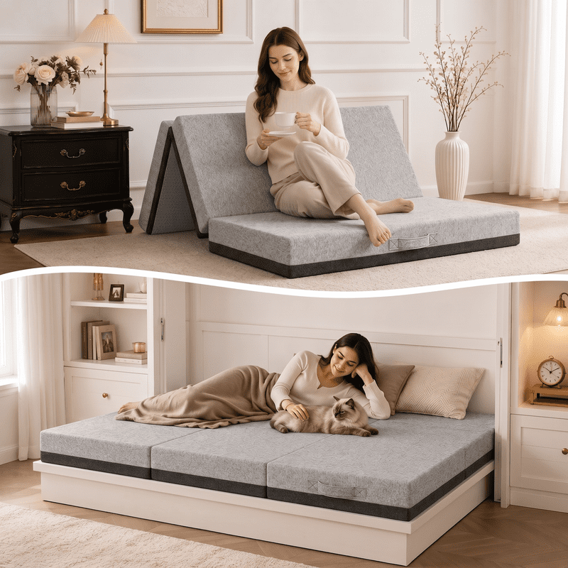 6 Inch Tri-Fold Memory Foam Mattress, Full Size Folding Mattress with Washable Removable Cover, Non-Slip Bottom & Carry Handles, Portable Foldable Guest Bed for Camping, Travel, Yoga, Gray