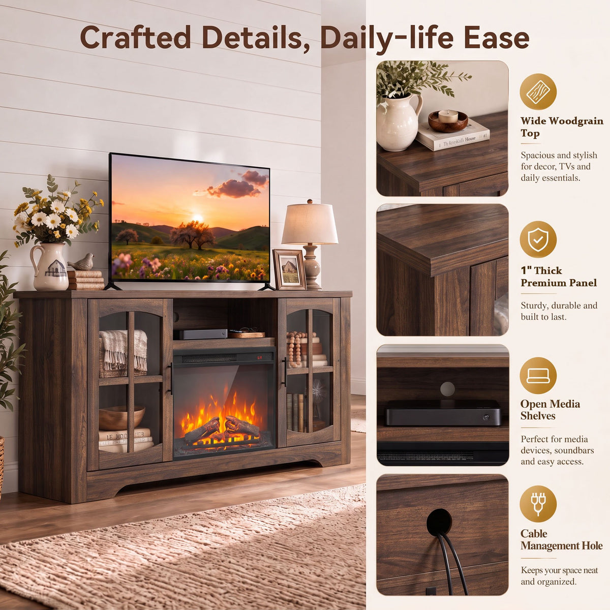 CHITOOMA Electric Fireplace TV Stand for 70" TVs with Glass Barn Doors, Farmhouse Entertainment Console with 23" Electric Fireplace, Holds up to 200 lbs, Brown