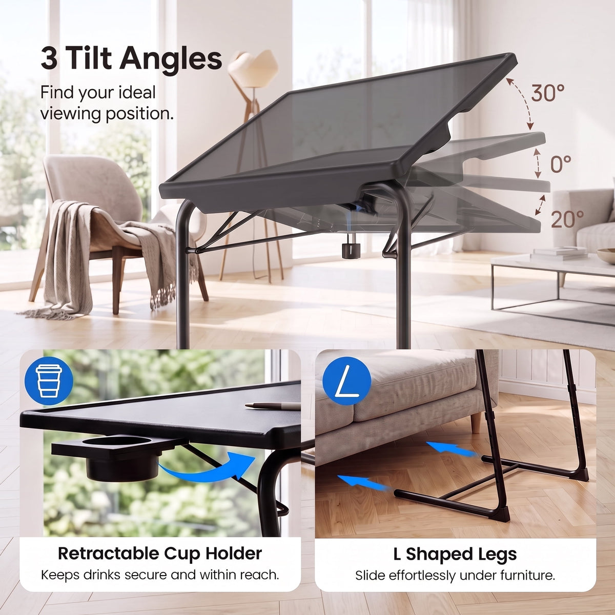 Adjustable TV Tray Table with Cup Holder,2 Pack Foldable TV Dinner Tray Table with 6 Heights & 3 Tilt Angle for Couch, Bed, Sofa & Chair,Black