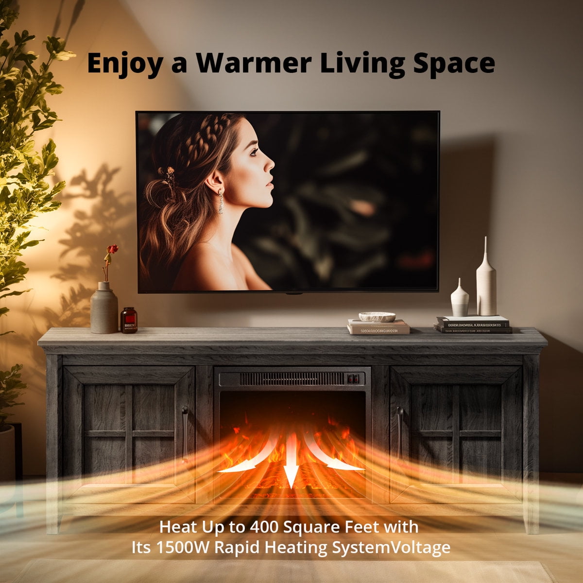 CHITOOMA Fireplace TV Stand with 2 Barn Doors and Storage Cabinets for TV up to 75 inch, Entertainment Center Console Table, Media Furniture for Living Room, Gray Wash
