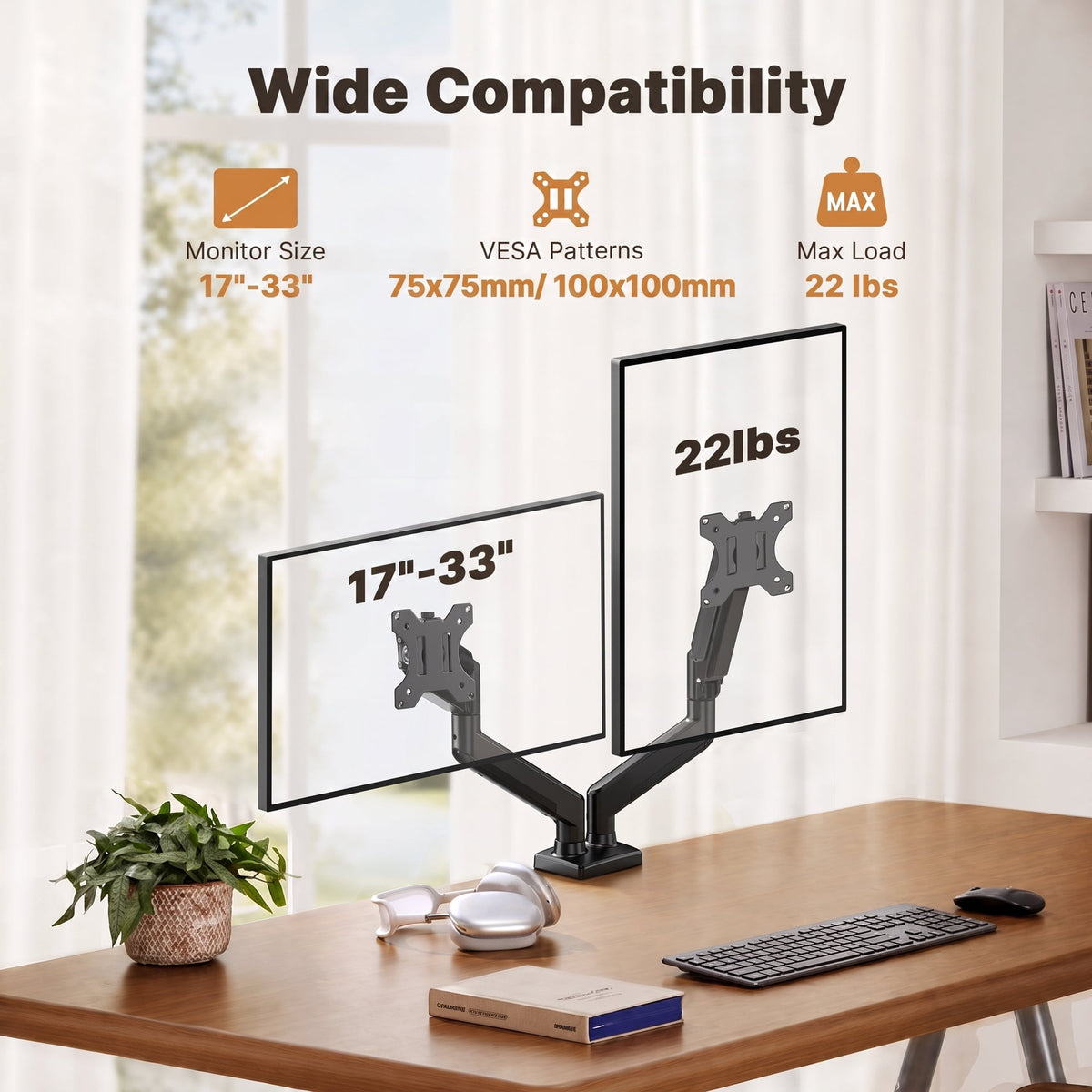 Dual Monitor Mount Stand for 13”-33" Screens, 360° Heavy Duty Adjustable Gas Spring Arm Desk Mount with Tilt, Swivel, Rotation, VESA 100x100, 75x75, Holds Up to 22lbs per Monitor Arm