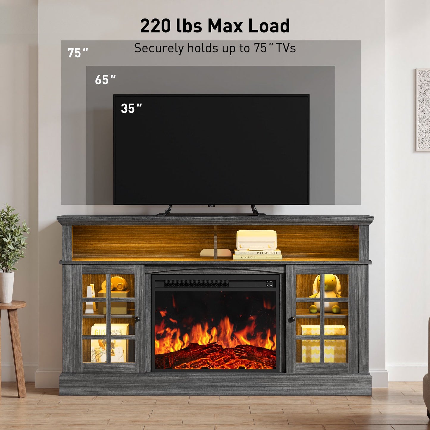 Electric Fireplace TV Stand up to 75" TVs, Farmhouse Entertainment Center with LED Light and 23" Fireplace for Living Room, Gray