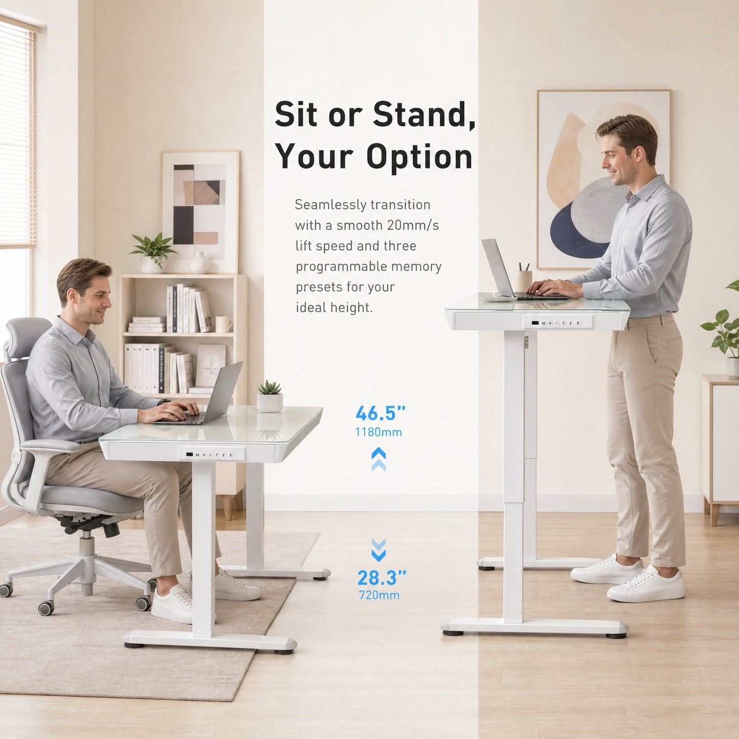 CHITOOMA Glass Top 48" x 24" Electric Standing Desk with Drawer, Height Adjustable Sit Stand Desk for Home Office, White