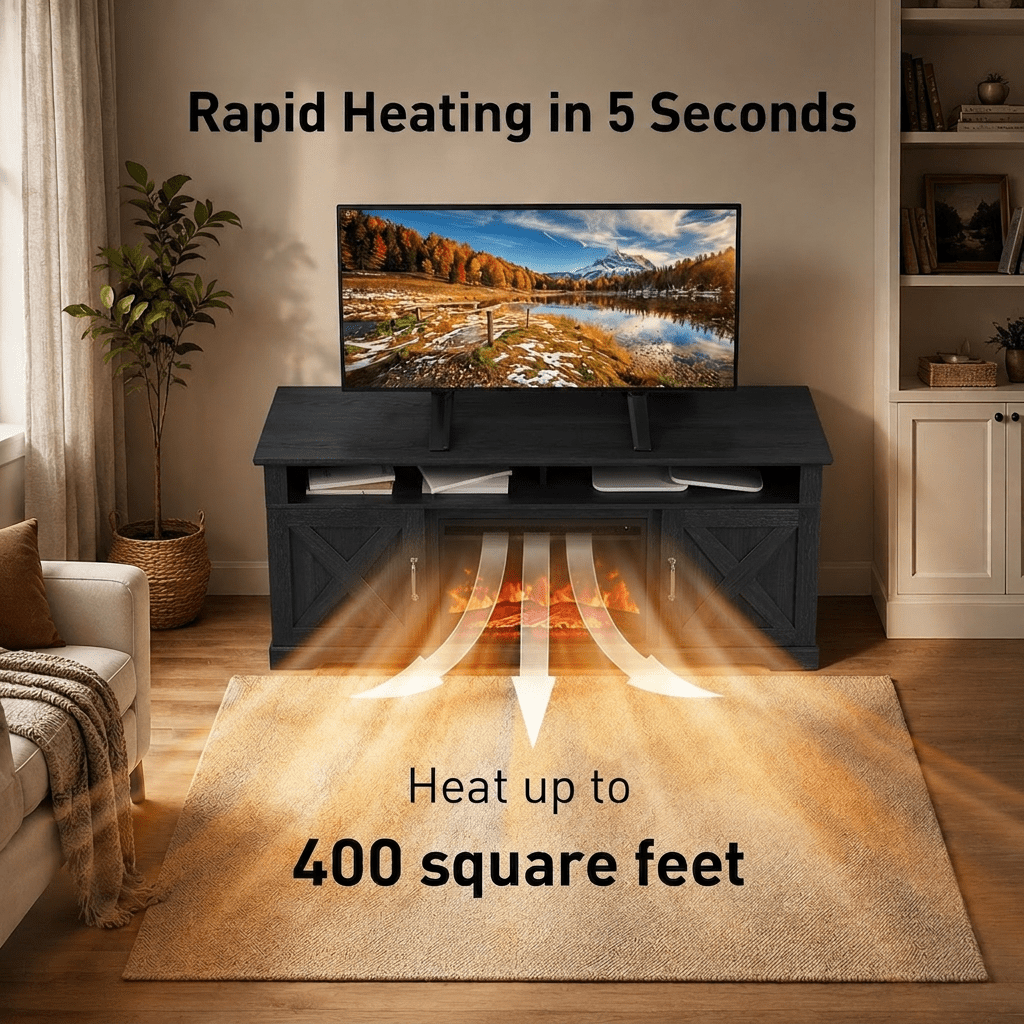 Fireplace TV Stand with Fireplace for 75 inch TV Farmhouse Entertainment Center with Storage, Black