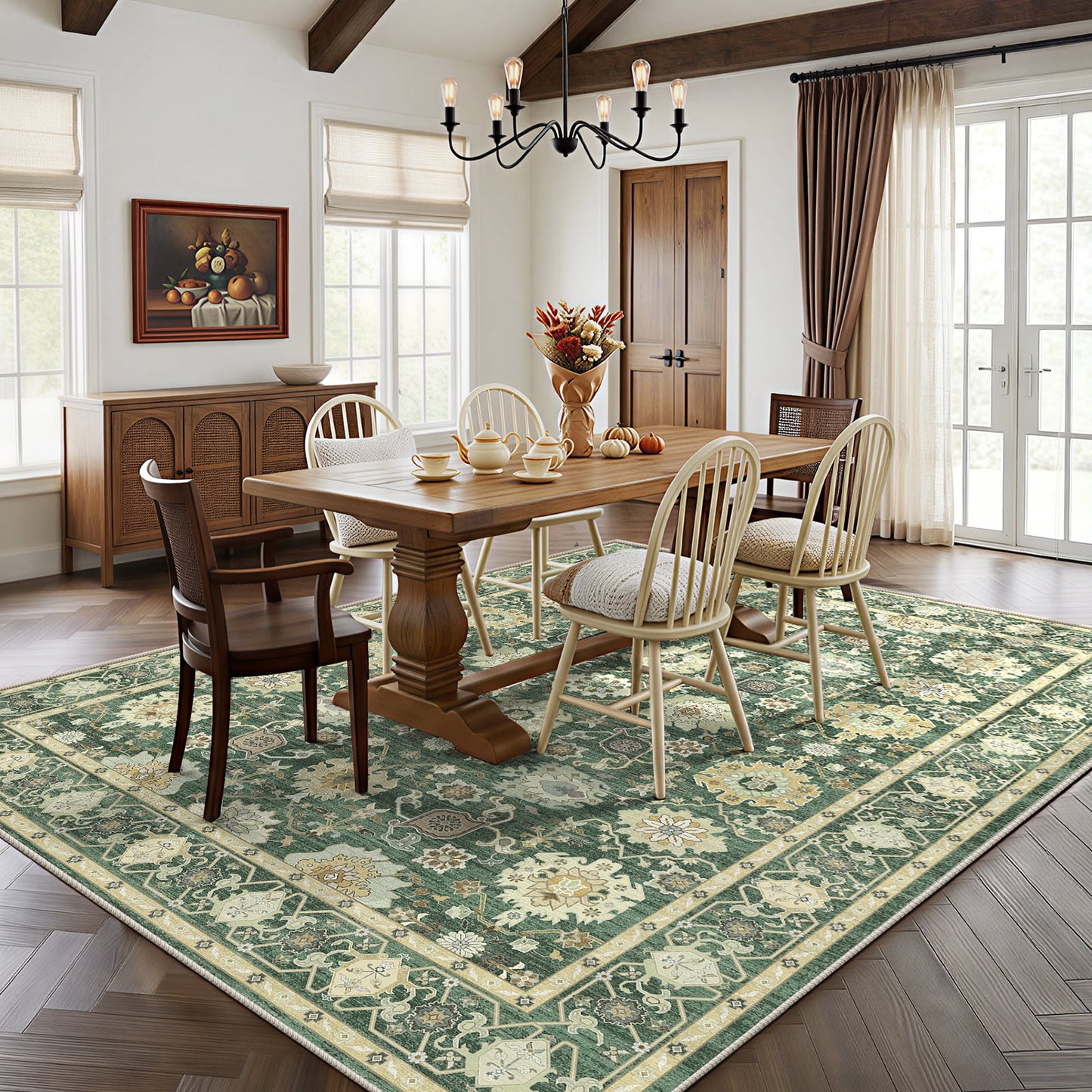 CHITOOMA 9'x12' Area Rugs for Living Room, Boho Machine Washable Stain Resistant Non-Shed Carpet, Floral Area Rug with Non-Slip Backing for Bedroom, Dining Room, Dorm, Office