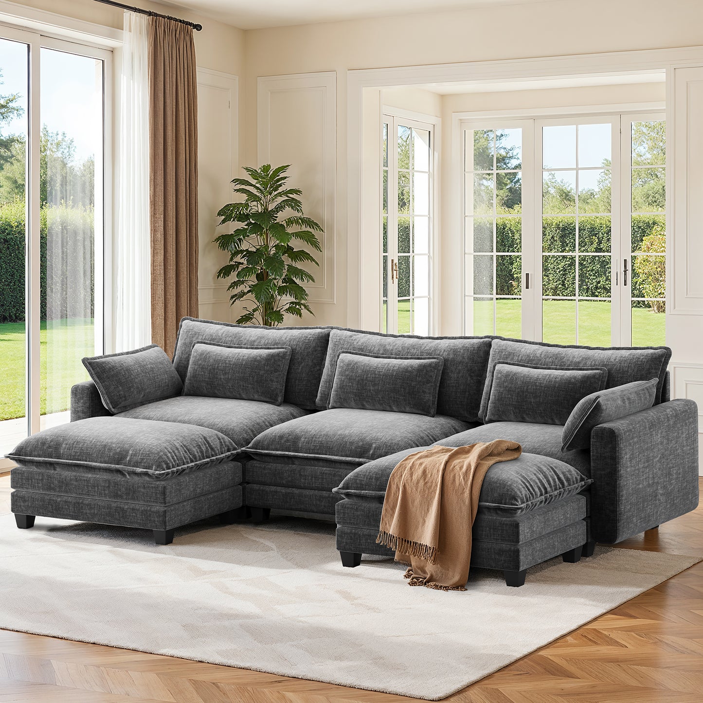 CHITOOMA 111" Modular Sectional Sofa with 2 Movable Ottomans, U-Shaped Oversized 3-Seat Chenille Cloud Sofa with 5 Pillows for Living Room, Gray