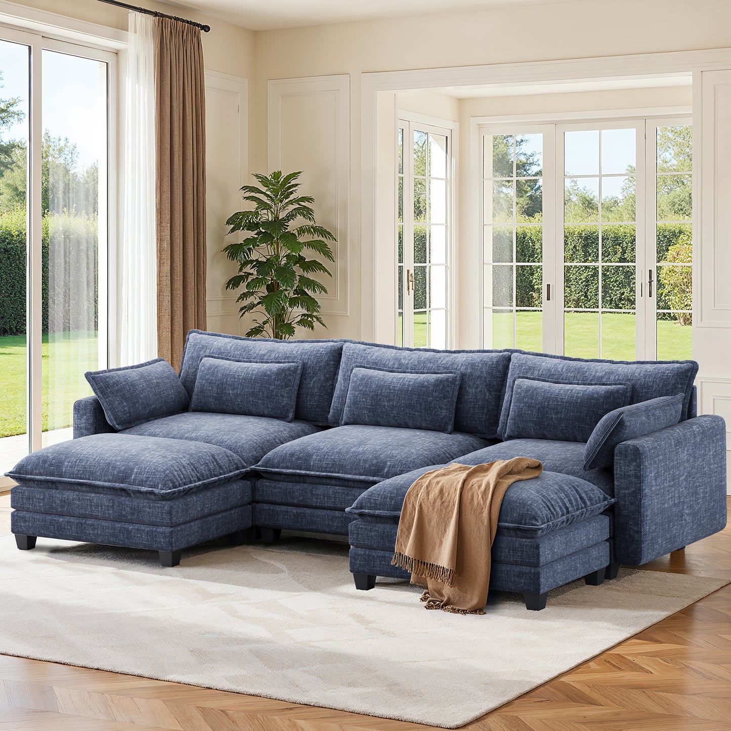 CHITOOMA 111" Modular Sectional Sofa with 2 Movable Ottomans, U-Shaped Oversized 3-Seat Chenille Cloud Sofa with 5 Pillows for Living Room, Blue