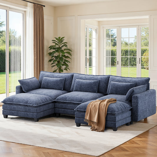 CHITOOMA 111" Modular Sectional Sofa with 2 Movable Ottomans, U-Shaped Oversized 3-Seat Chenille Cloud Sofa with 5 Pillows for Living Room, Blue