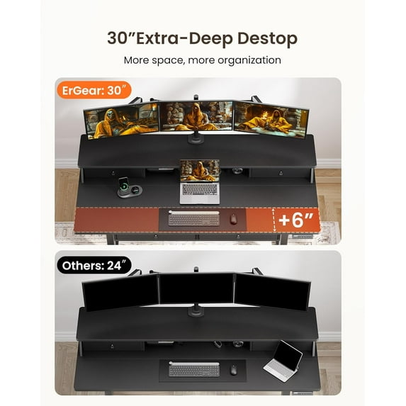 CHITOOMA 63″ x 30″ Standing Desk with Drawers, Electric Height Adjustable Sit Stand Desk with Storage Shelf, 4 Memory Preset Computer Desk with Cable Management Tray for Home Office, Black