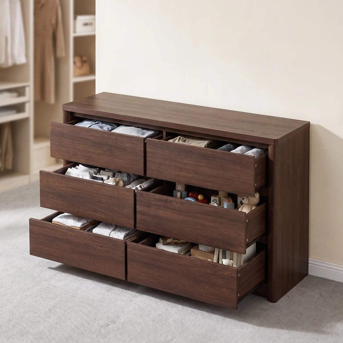 CHITOOMA 6 Drawer Dresser for Bedroom, 31" Modern Chest, Walnut