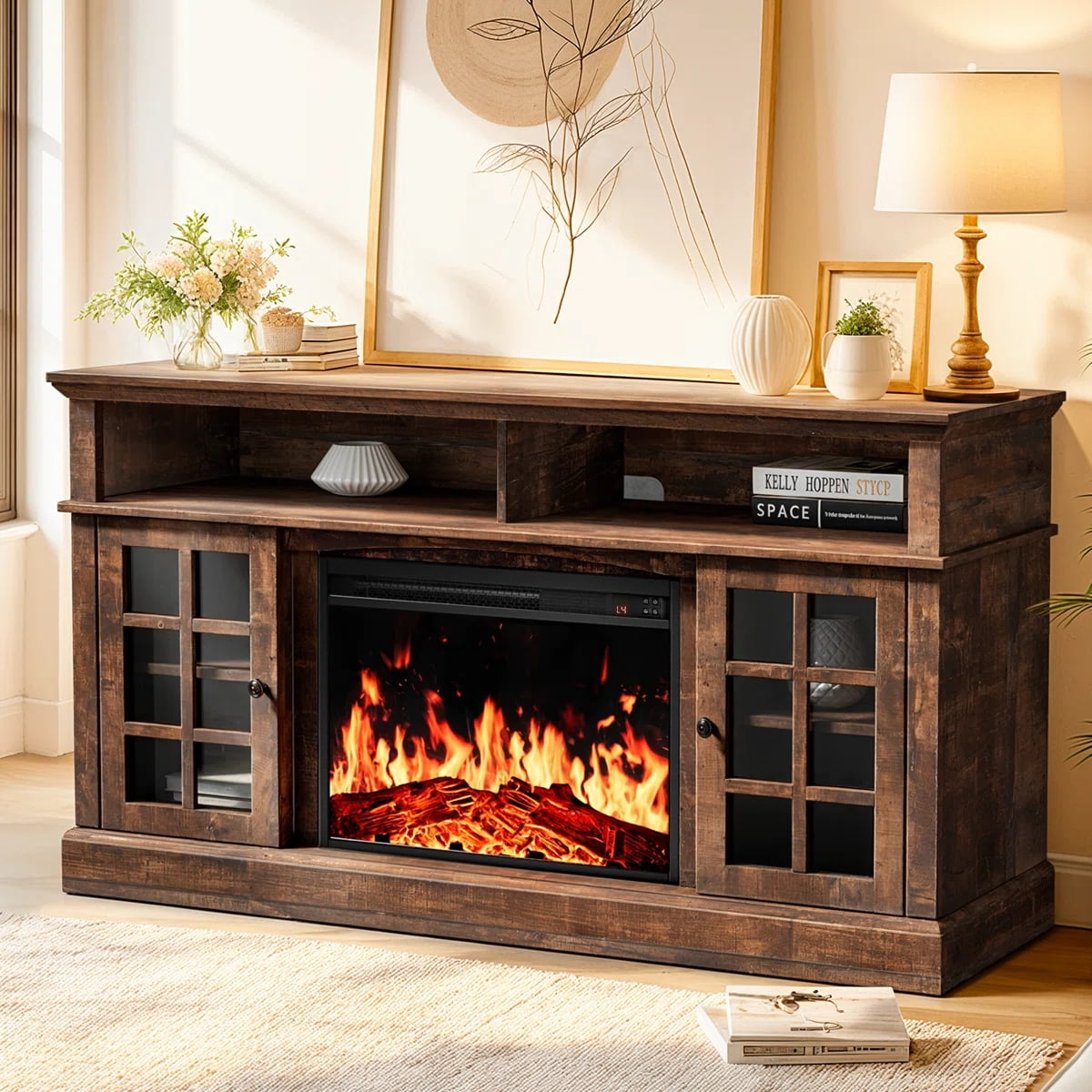Electric Fireplace TV Stand for 75″ TVs Fireplace Entertainment Center TV Console Table with 23″ Fireplace, Holds up to 200 lbs
