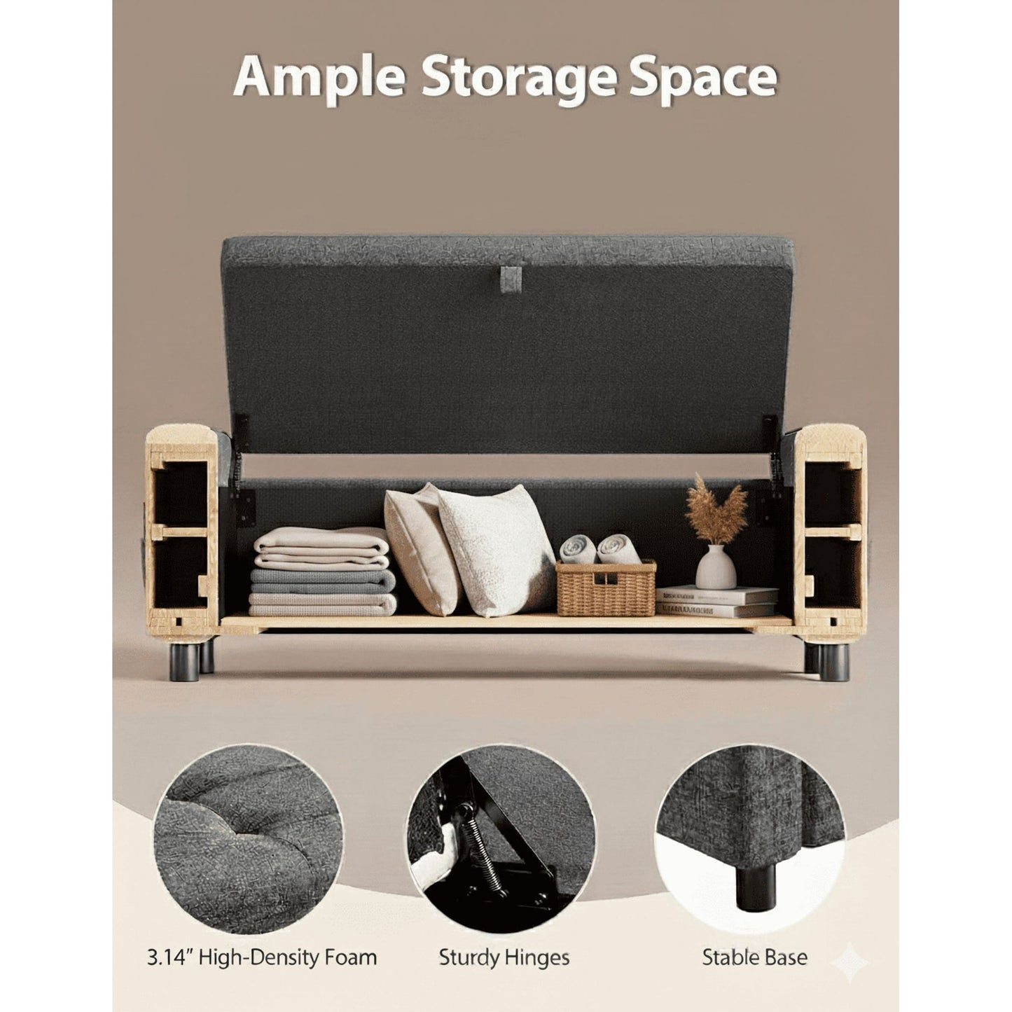 46" Storage Ottoman Bench, 3.14" Thicker Upholstered End of Bed Bench with Folding Cover, Side Pocket, 400lb Capacity, for Living Room, Bedroom, Dark Gray