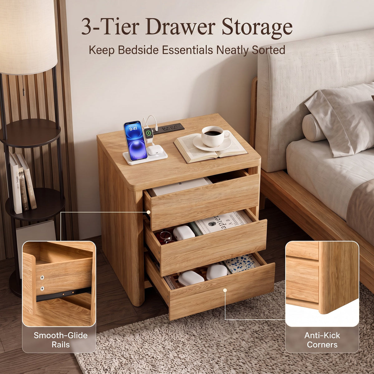 CHIYOOMA Farmhouse Nightstand with 3 Drawers,Wood Bedside Table Night Stand with Charging Station, Sofa Side End Table for Bedroom, Living Room,Natural