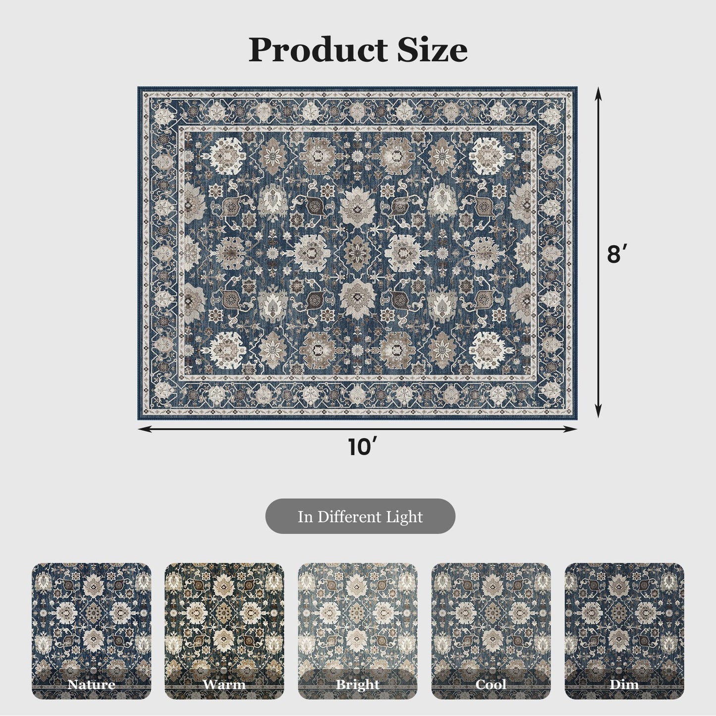 CHITOOMA 8'x10' Area Rugs for Living Room, Boho Machine Washable Floral Area Rug with Non-Slip Backing, Stain Resistant Non-Shed Carpet for Bedroom, Dining Room, Dorm, Office