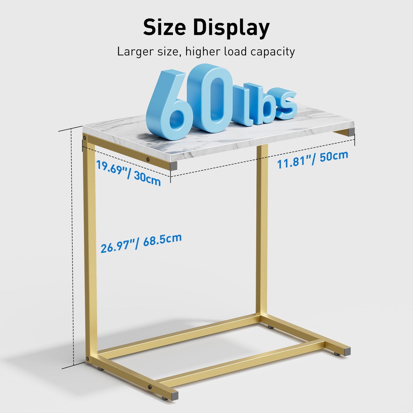 C Shaped End Table 2 PCS, Vintage Side Table for Couch, Laptop, Coffee, Snack, Sofa Side End Table C Shape for Living Room, 27"(H) x 19.7"(W) x 12.6"(D), Marble