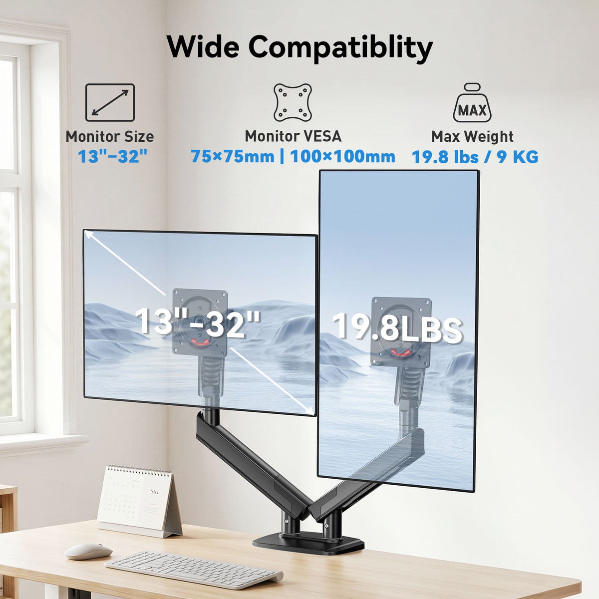 Kyspho FlowLift™ Dual Monitor Mount Stand for 13-32 inch Screens,Tool-Free Mount with MechaSpring,Full Motion Heavy Duty Visual Adjustment Arm Desk Mount, Max 100x100mm,Holds to 19.8 lbs per Monitor