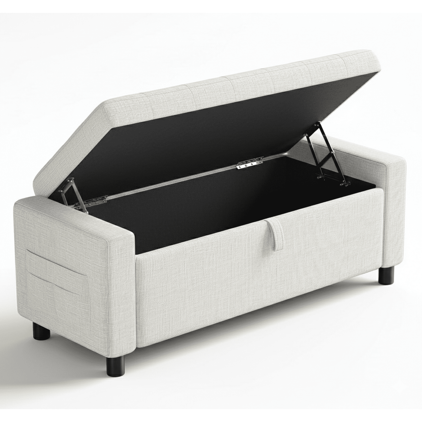 46" Storage Ottoman Bench, 3.14" Thicker Upholstered End of Bed Bench with Folding Cover, Side Pocket, 400lb Capacity, for Living Room, Bedroom, Beige