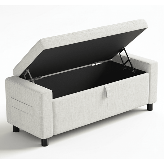 46" Storage Ottoman Bench, 3.14" Thicker Upholstered End of Bed Bench with Folding Cover, Side Pocket, 400lb Capacity, for Living Room, Bedroom, Beige