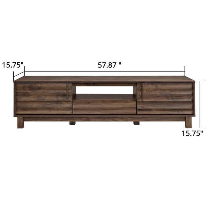 Mid-Century Modern Low Profile TV Stand for 70" TVs, Wood TV Media Console with 2 Fluted Door for Living Room, Walnut