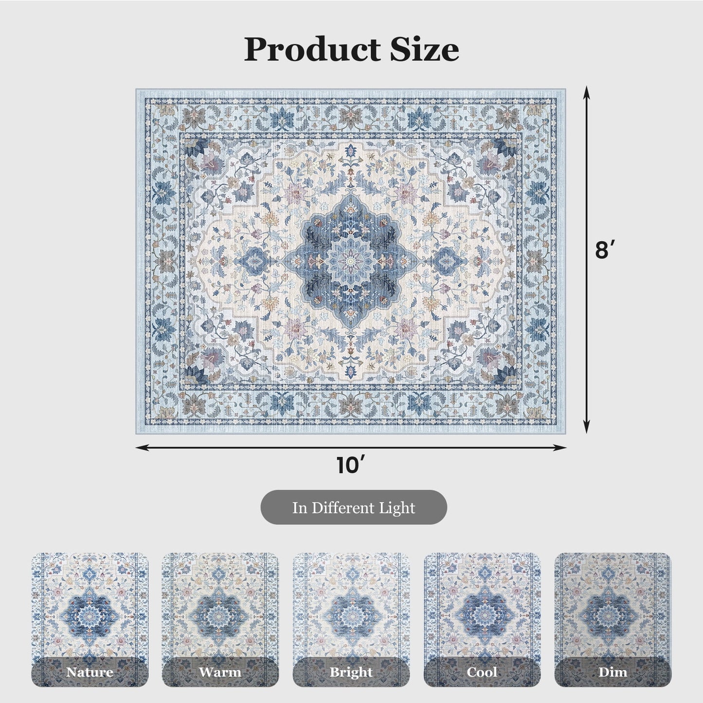 CHITOOMA 8'x10' Area Rugs for Living Room, Boho Machine Washable Floral Area Rug with Non-Slip Backing, Stain Resistant Non-Shed Carpet for Bedroom, Dining Room, Dorm, Office