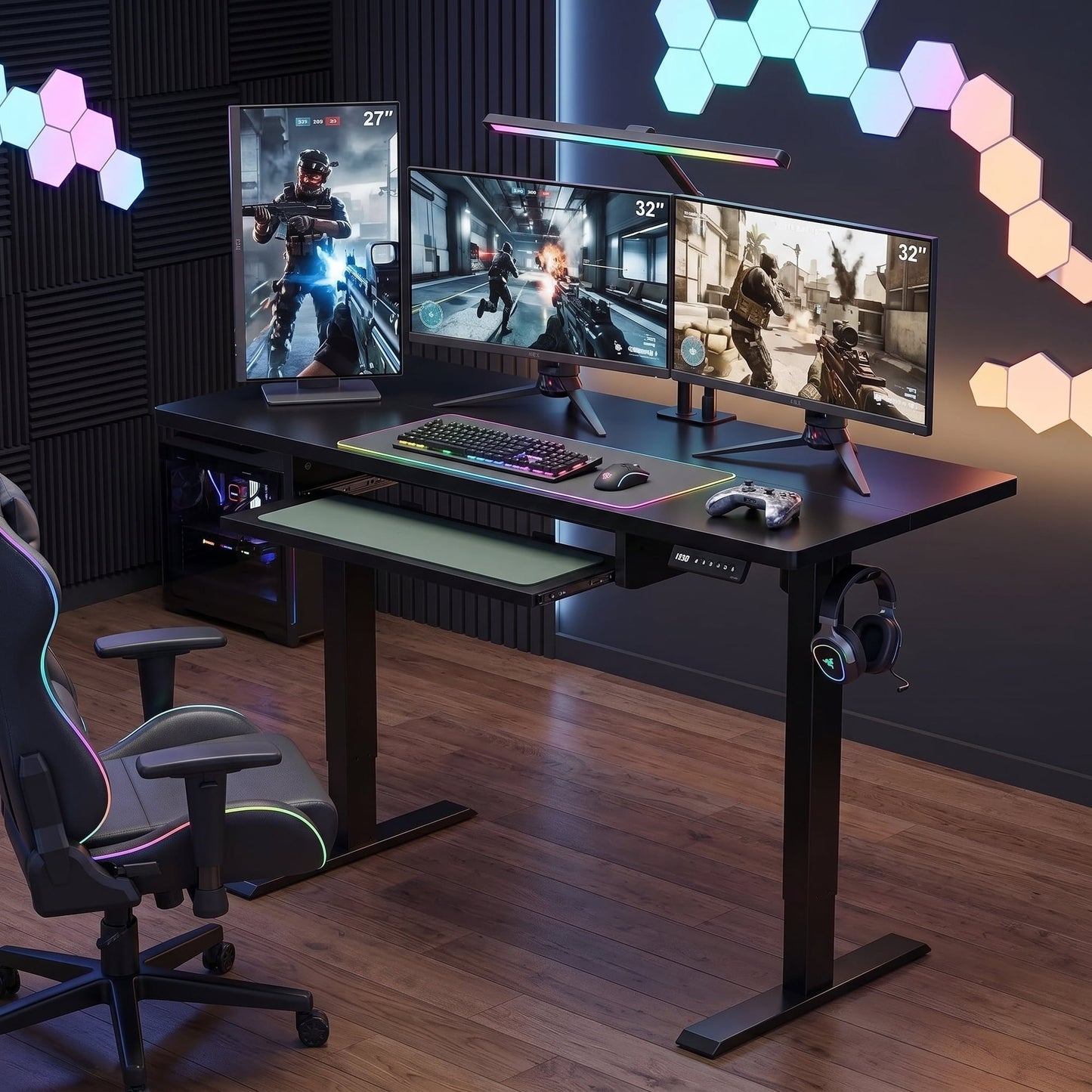 CHITOOMA Electric Standing Desk with Keyboard Tray, 48" x 24" Height Adjustable Sit Stand up Desk with Headphone Hook & 4 Height Memory Pre-Set for Home Office, Black