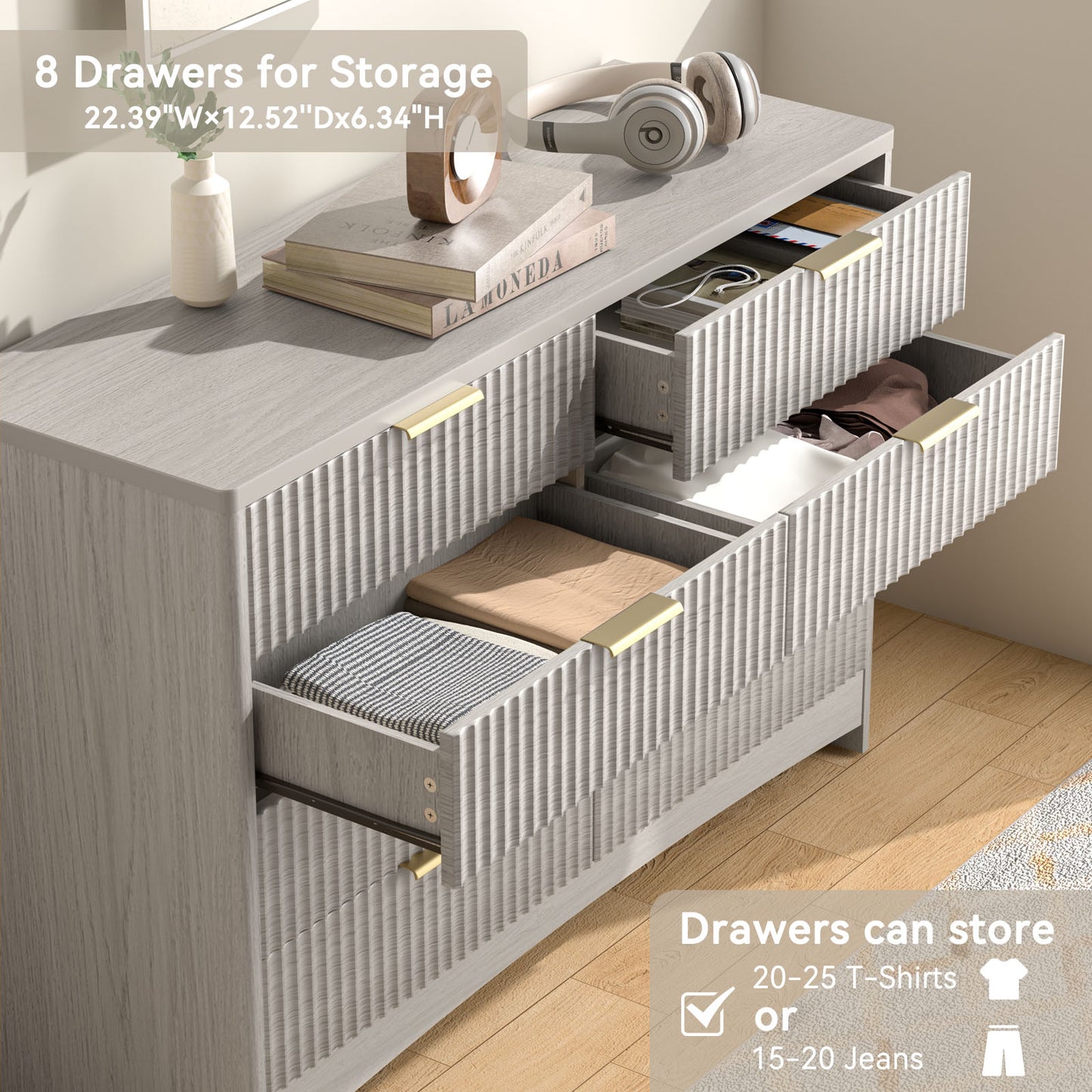 CHITOOMA Modern 8 Drawer Dresser for Bedroom, Extra Large Fluted Wood Chest with Gold Handles, Wide Storage Organizer Cabinet, Gray