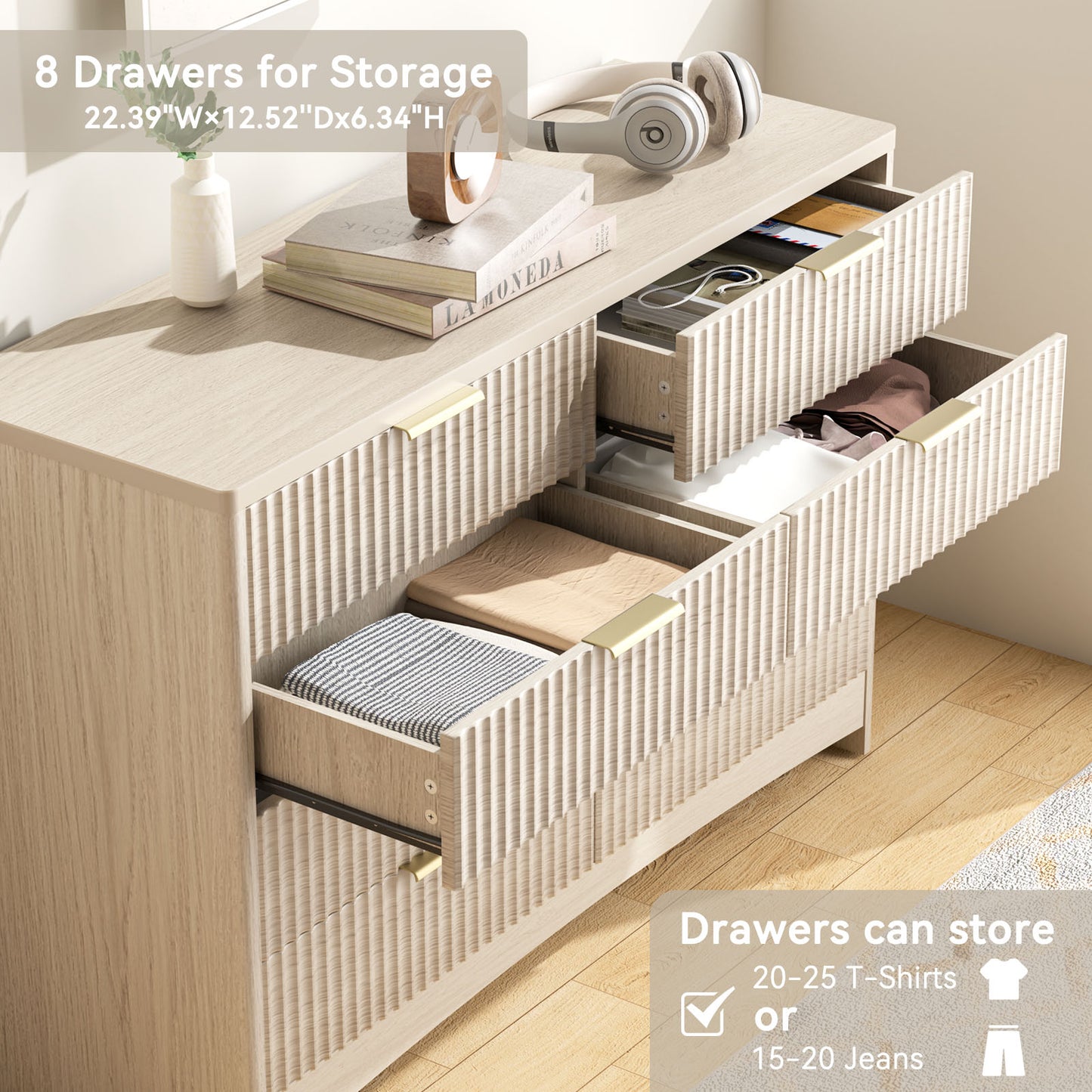CHITOOMA Modern 8 Drawer Dresser for Bedroom, Extra Large Fluted Wood Chest with Gold Handles, Wide Storage Organizer Cabinet, Natural