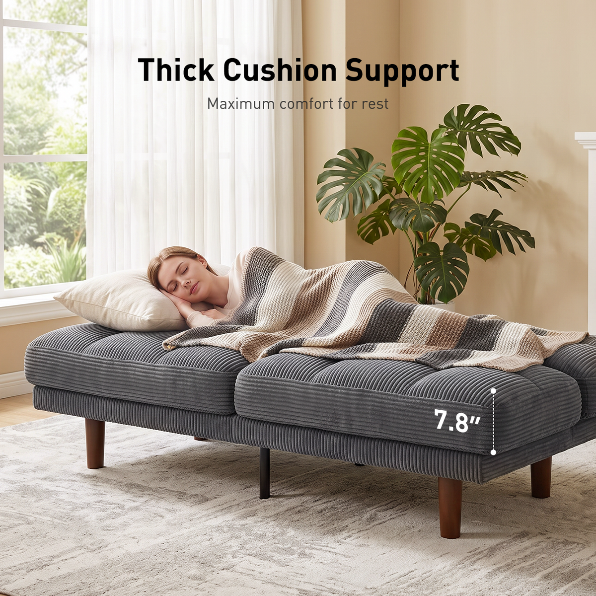 CHITOOMA 66" Futon Sofa Bed with Adjustable Backrest, Corduroy Convertible Futon Couch, Extra-Thick Cushion, Comfy Loveseat for Small Spaces, Apartment or Office, Gray