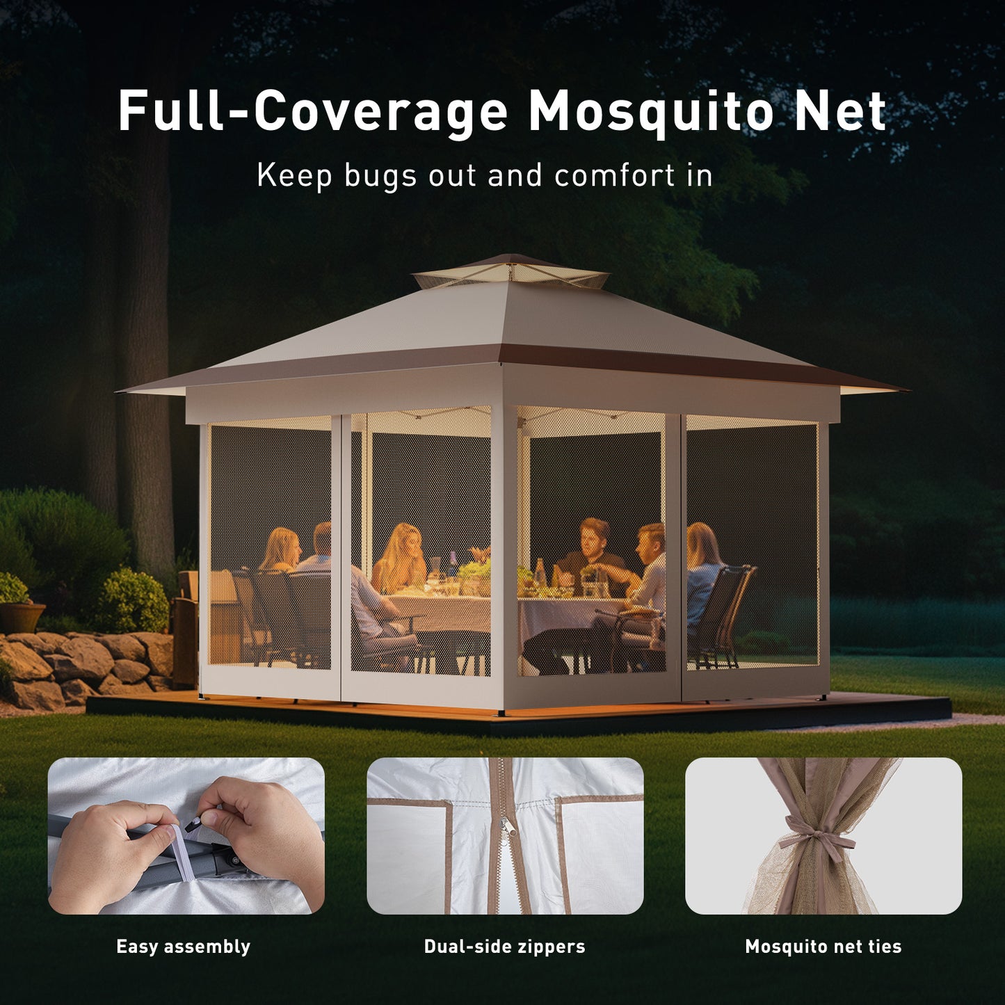 CHITOOMA 13 x 13 ft Outdoor Pop-up Gazebo, Patio Canopy Tent with Mosquito Nettings Vented Top and 169 Square ft of Shade for Garden, Party, Backyard