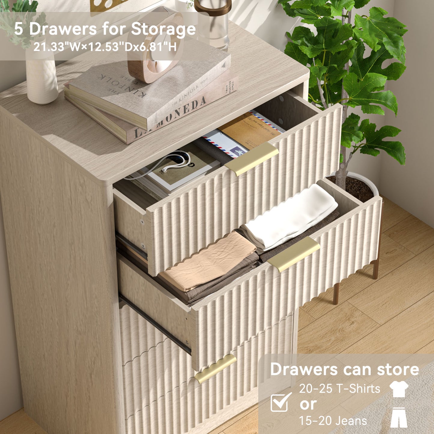 CHITOOMA Modern 5 Drawer Dresser for Bedroom, Fluted Wood Chest of Drawers with Gold Handles, Tall Storage Cabinet for Living Room, Natural