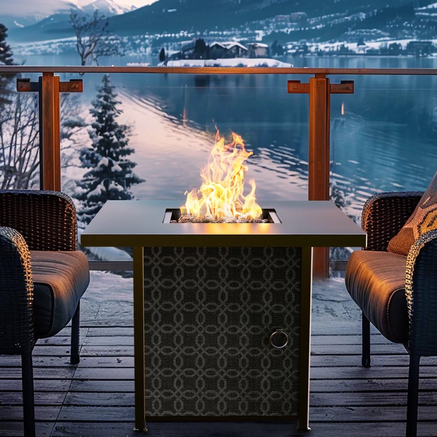 28" Gas Fire Pit Table for Outside 50000 BTU Propane Fire Pit with Lid and Lava Rocks