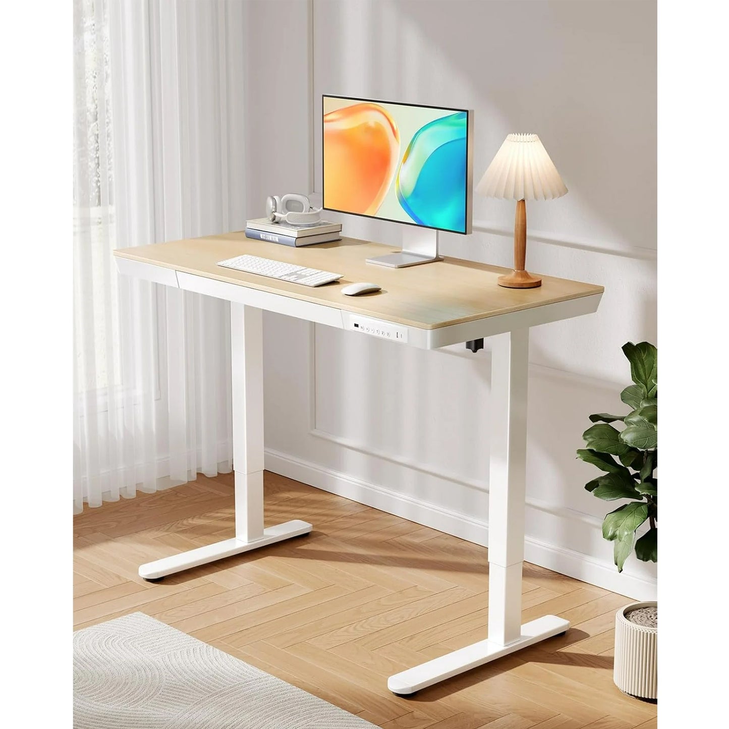 CHITOOMA One Piece Electric Standing Desk with Drawer, 48" x 24" Maple Wood-top Height Adjustable Office Desk with USB Charging Ports, Sit to Stand Desk for Home
