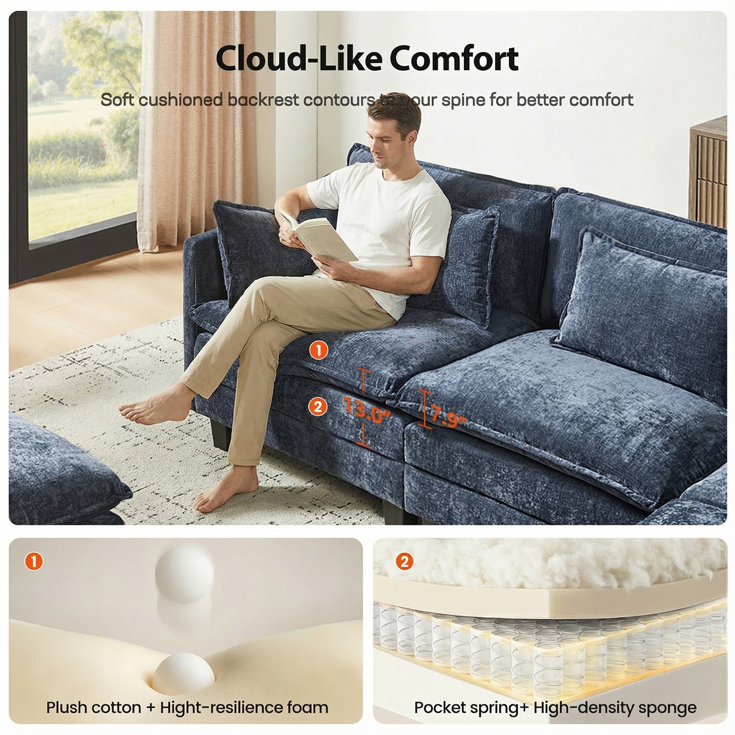 CHITOOMA 111" Modular Sectional Sofa with 2 Movable Ottomans, U-Shaped Oversized 3-Seat Chenille Cloud Sofa with 5 Pillows for Living Room, Blue