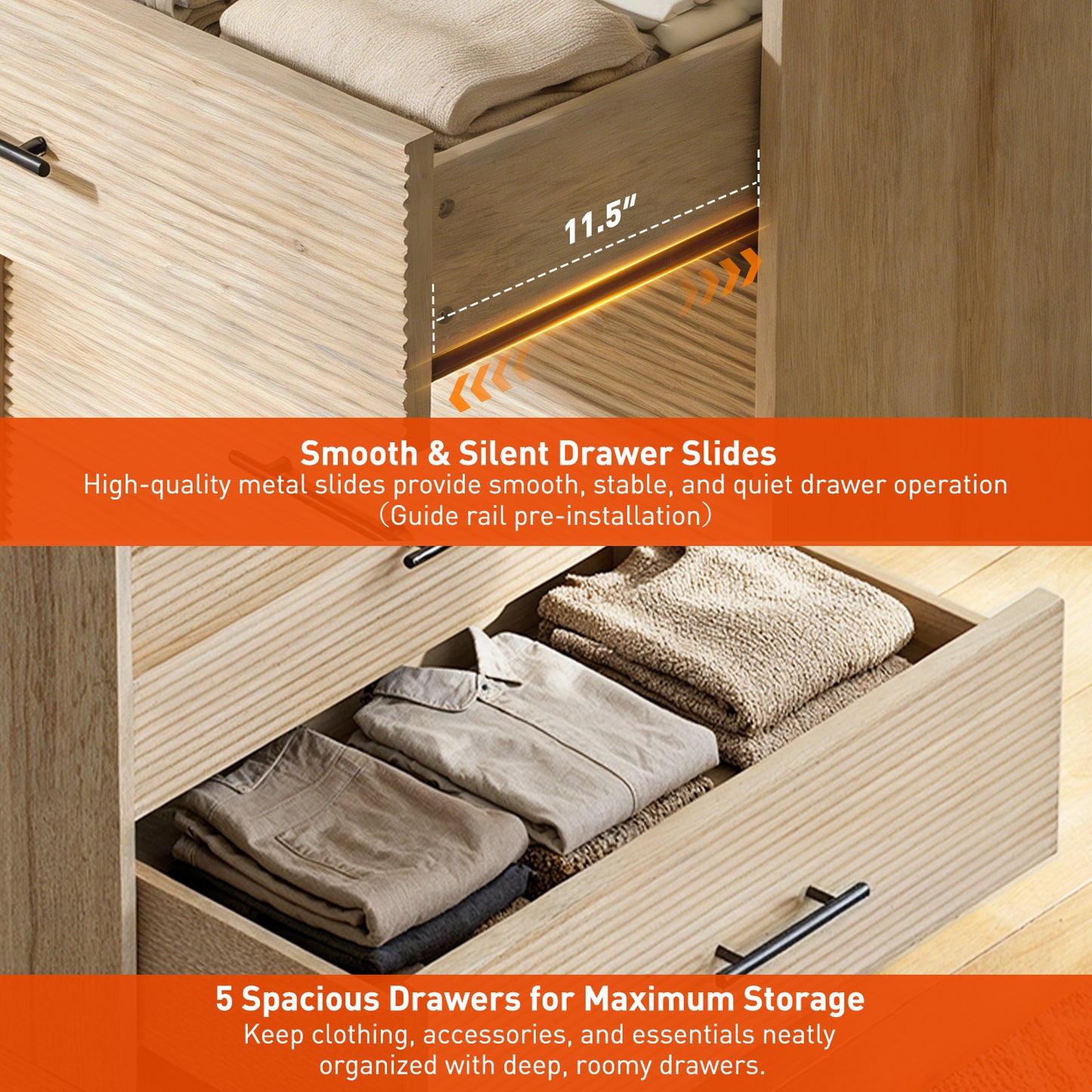 CHITOOMA Fluted Dresser for Bedroom, Modern Wooden 5 Drawer Tall Dresser, Chest of Drawers, Storage Cabine Living Room Hallway, Natural