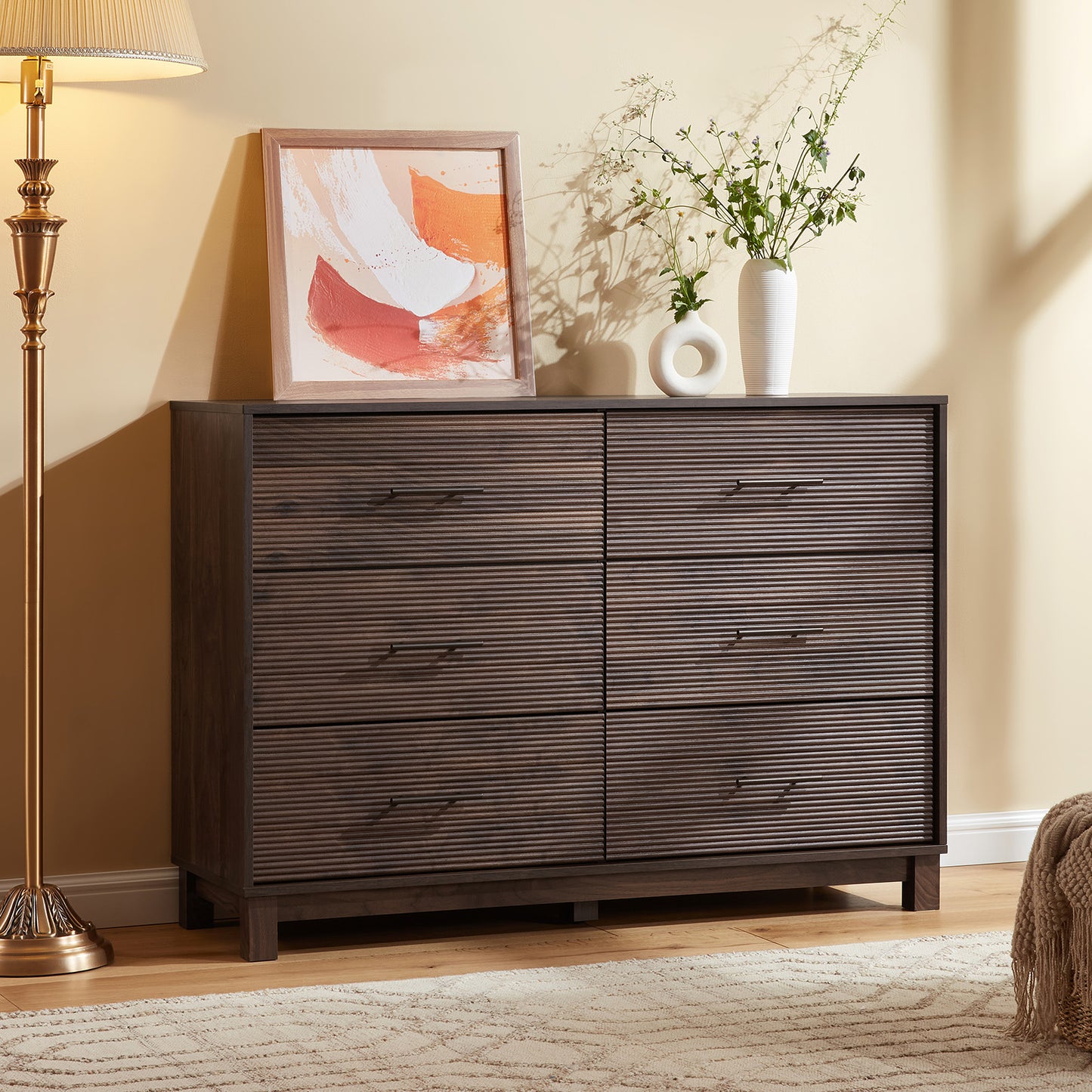 CHITOOMA 6 Drawer Fluted Dresser for Bedroom, Modern Wooden Long Dresser, Storage Cabine Chest of Drawers for Living Room Hallway, Walnut