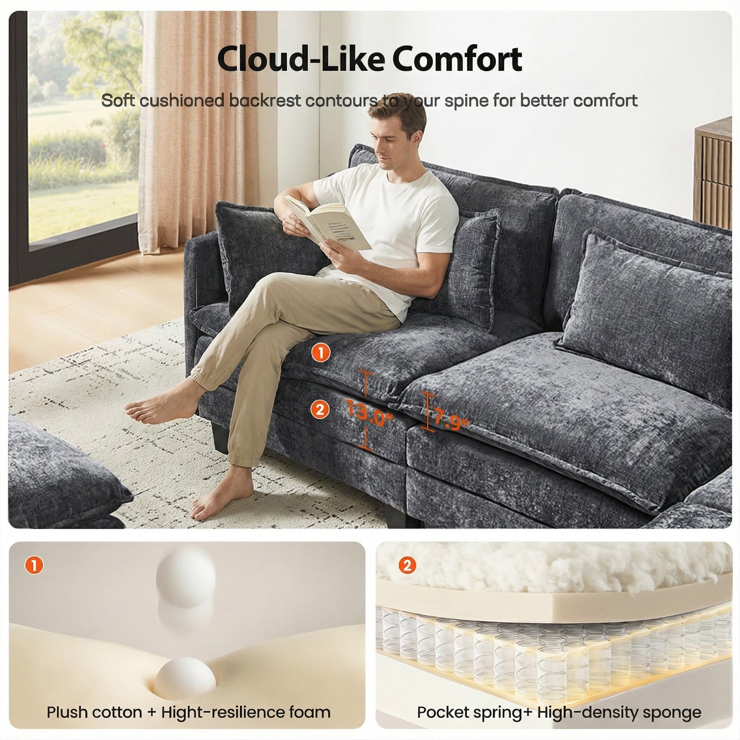 CHITOOMA 111" Modular Sectional Sofa with 2 Movable Ottomans, U-Shaped Oversized 3-Seat Chenille Cloud Sofa with 5 Pillows for Living Room, Gray