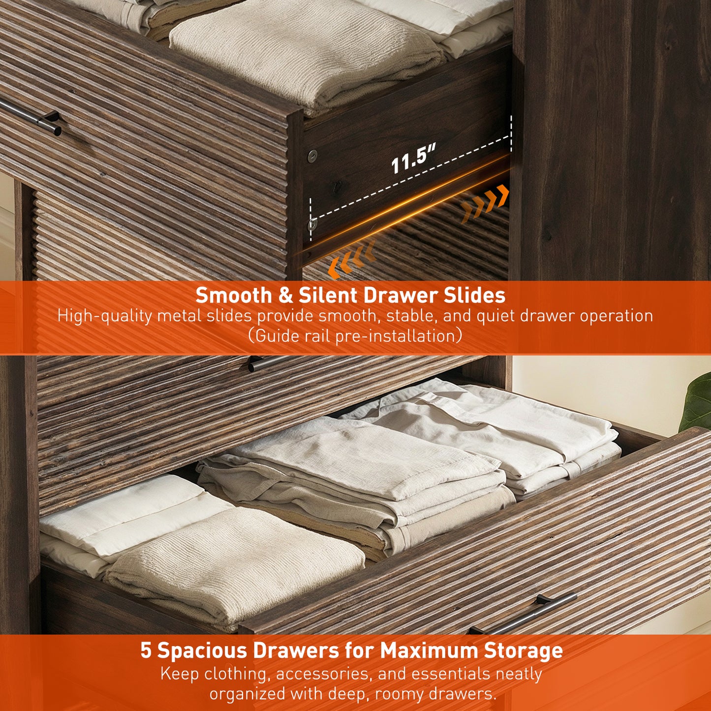 CHITOOMA Fluted Dresser for Bedroom, Modern Wooden 5 Drawer Tall Dresser, Chest of Drawers, Storage Cabine Living Room Hallway, Walnut