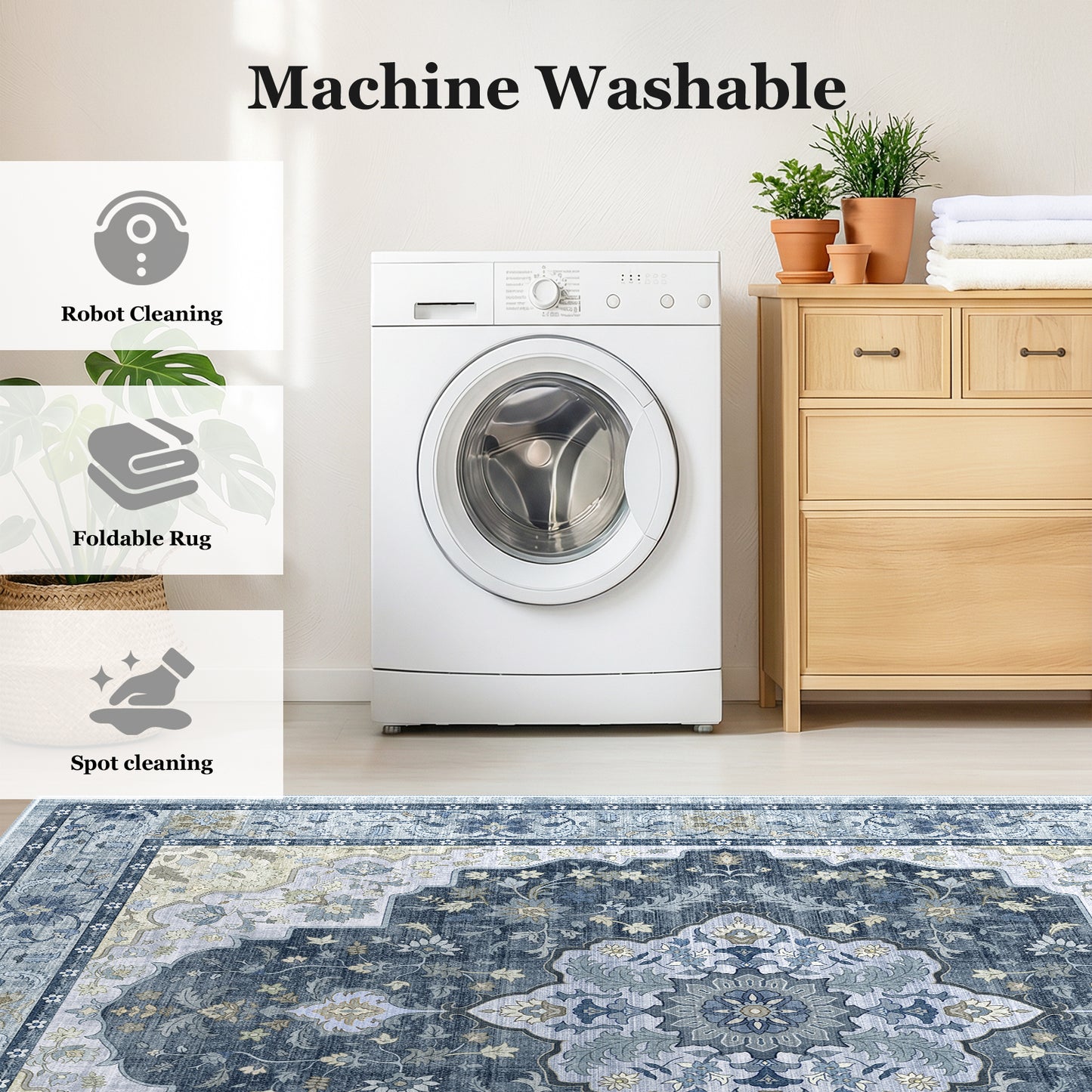 CHITOOMA 9'x12' Area Rugs for Living Room, Boho Machine Washable Stain Resistant Non-Shed Carpet, Floral Area Rug with Non-Slip Backing for Bedroom, Dining Room, Dorm, Office