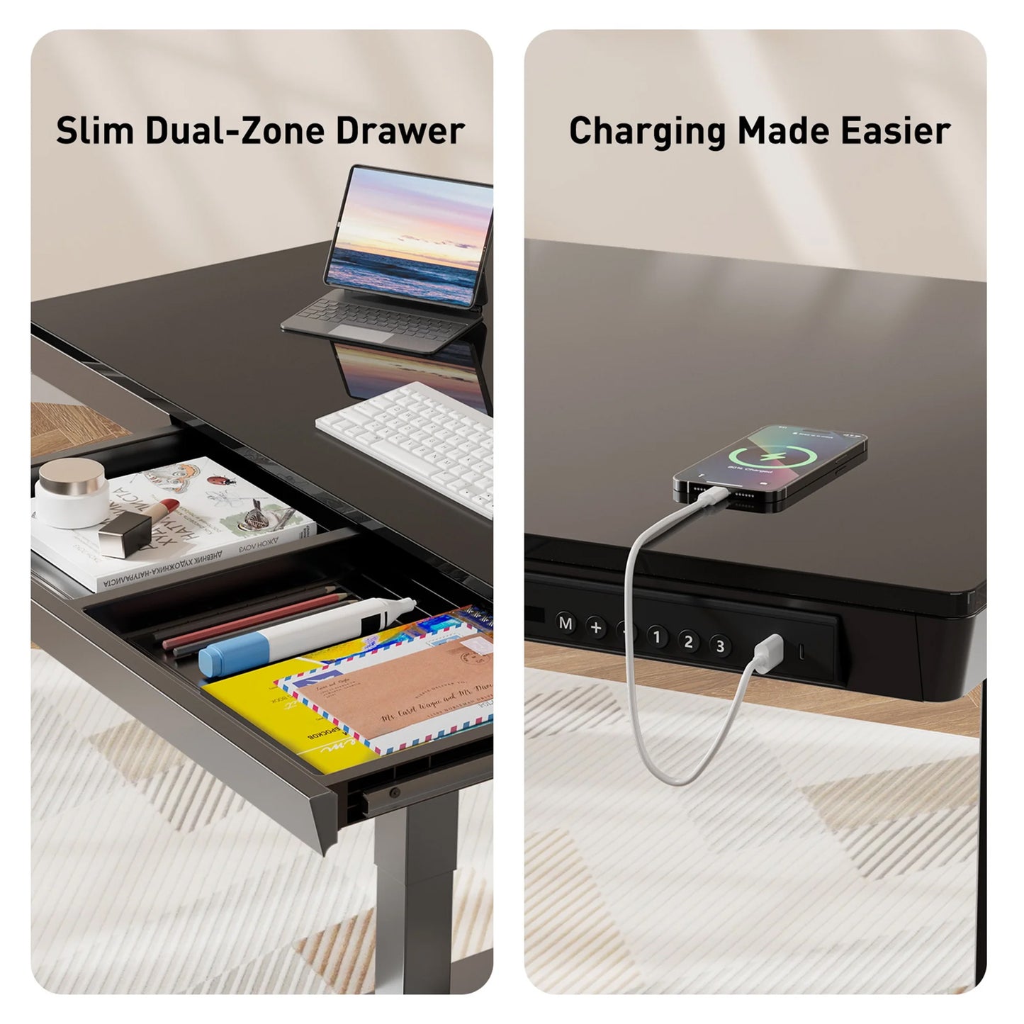 CHITOOMA Glass Top Electric Standing Desk with Drawer, 55'' x 28'' Electric Height Adjustable Desk with USB Charging Ports, Sit Stand up for Home Office