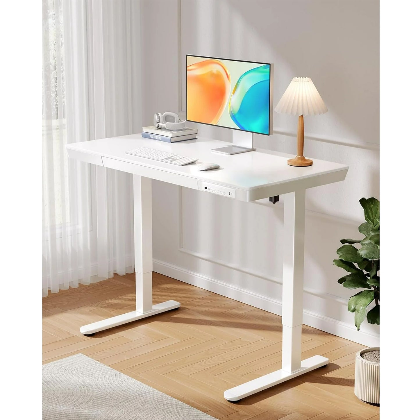 CHITOOMA Electric Standing Desk with Drawer, One Piece Tabletop 48" x 24" Height Adjustable Office Desk with USB Charging Ports, Sit to Stand Desk for Home, White