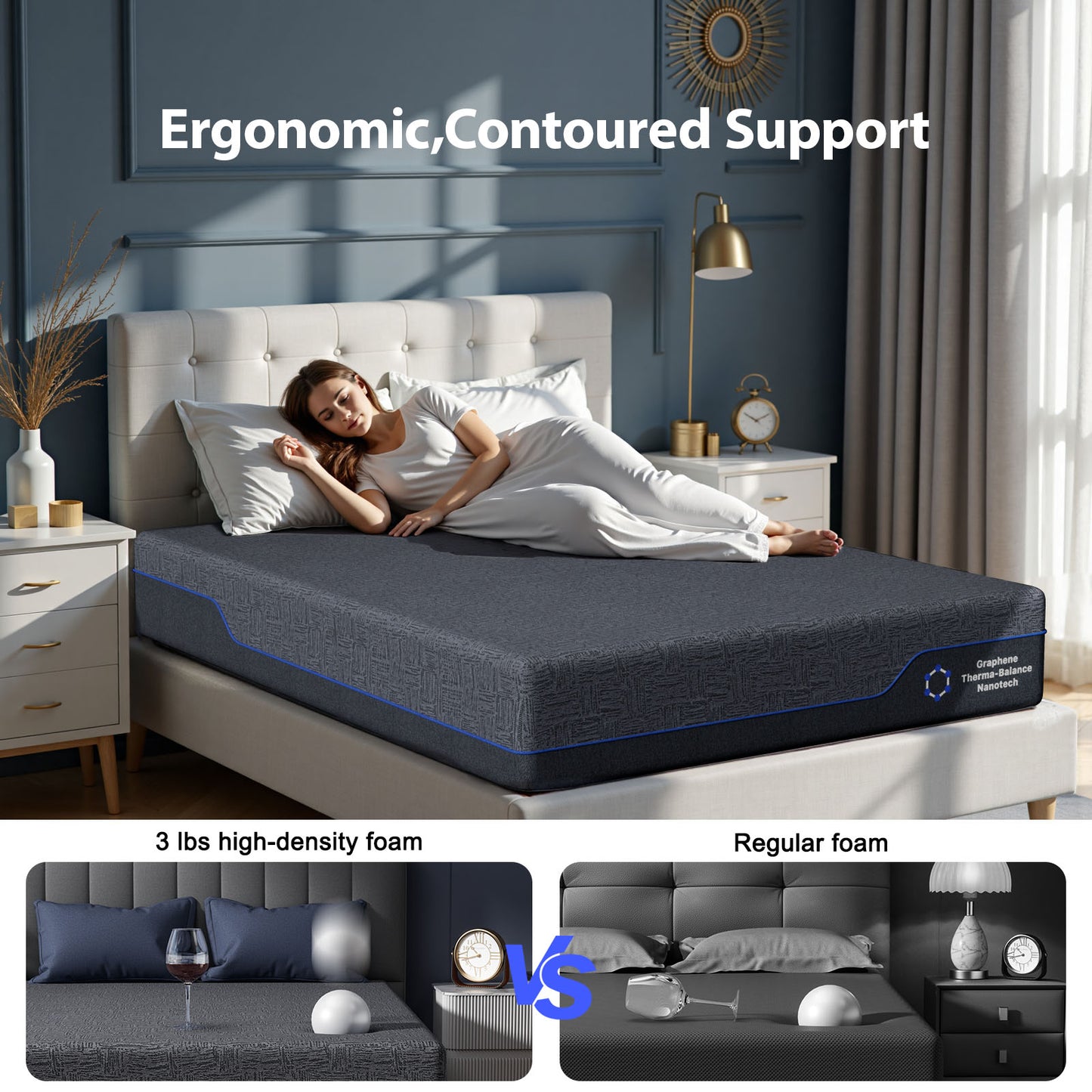 CHITOOMA 10 Inch Queen Memory Foam Mattress, Gel-Infused Triple-Layer Bed with Graphene Fabric Cover, Medium-Firm Plus Support, Pressure Relief & Motion Isolation, Mattress in a Box