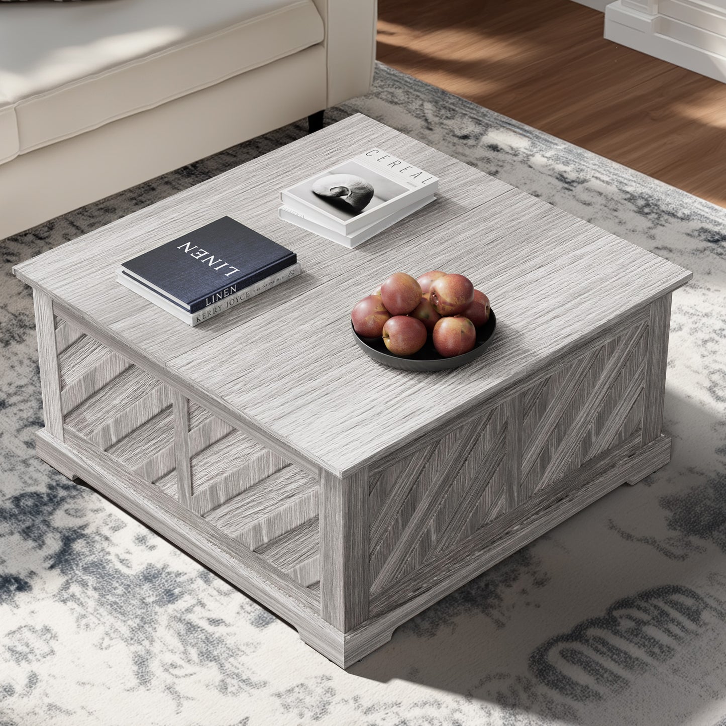 Lift Top Coffee Table, 35"x35" Wood Square Dining Center Table with Storage and Large Hidden Space for Living Room, Wash Gray
