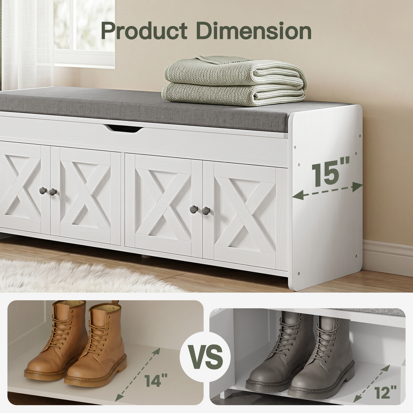CHITOOMA Shoe Storage Bench, 2-Tier with Cushioned Seat, Adjustable Shelves, 300 lbs Capacity, 47.2" x 15" x 18", White